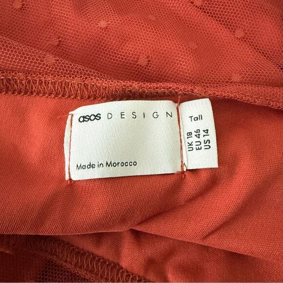 Sophisticated ASOS Off-Shoulder Burnt Orange Rust Polka Dot Overlay Long Dress - Picture 4 of 6